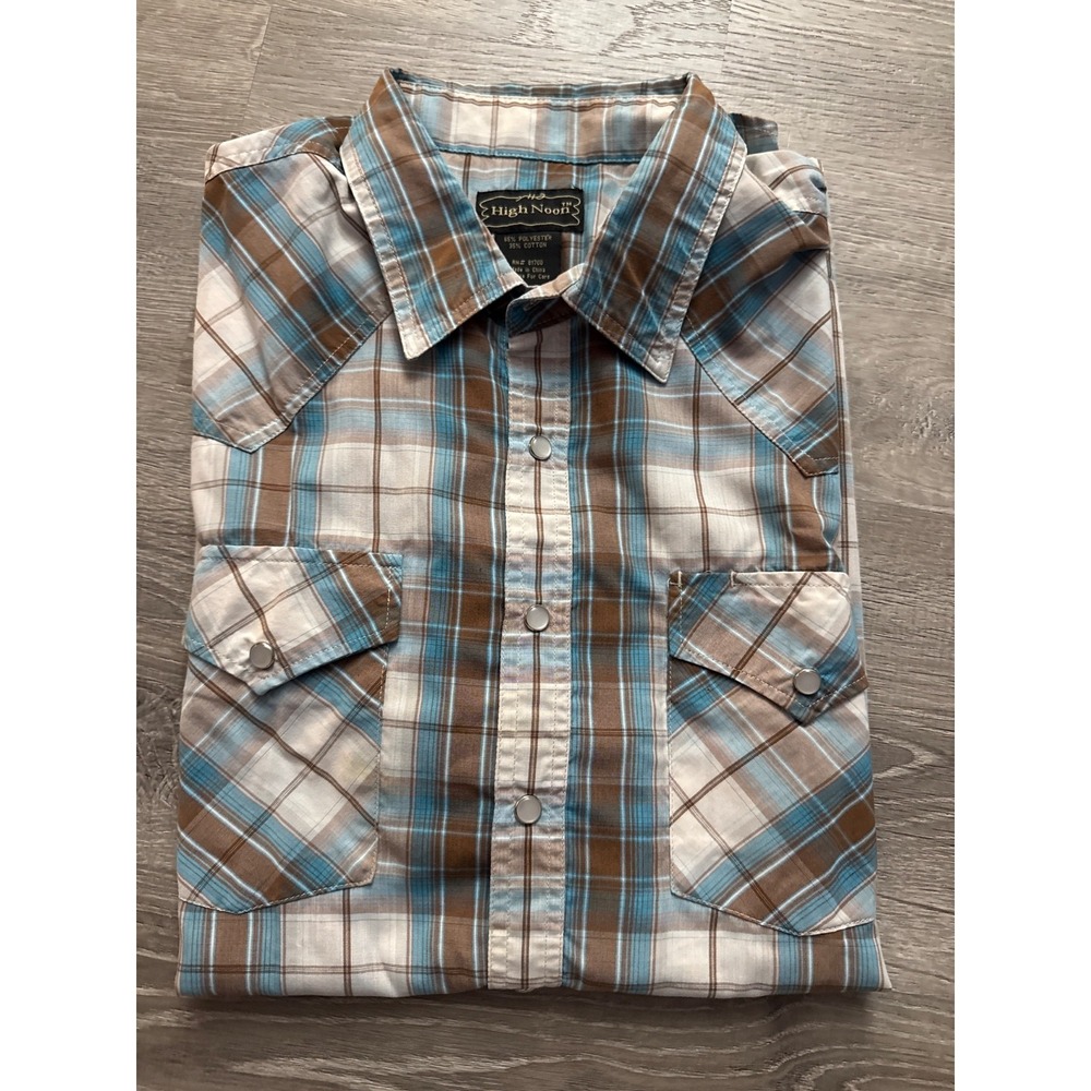 High Noon Pearl Snap Button Western Shirt Men's XXL‎  Reg Plaid Turquoise White
